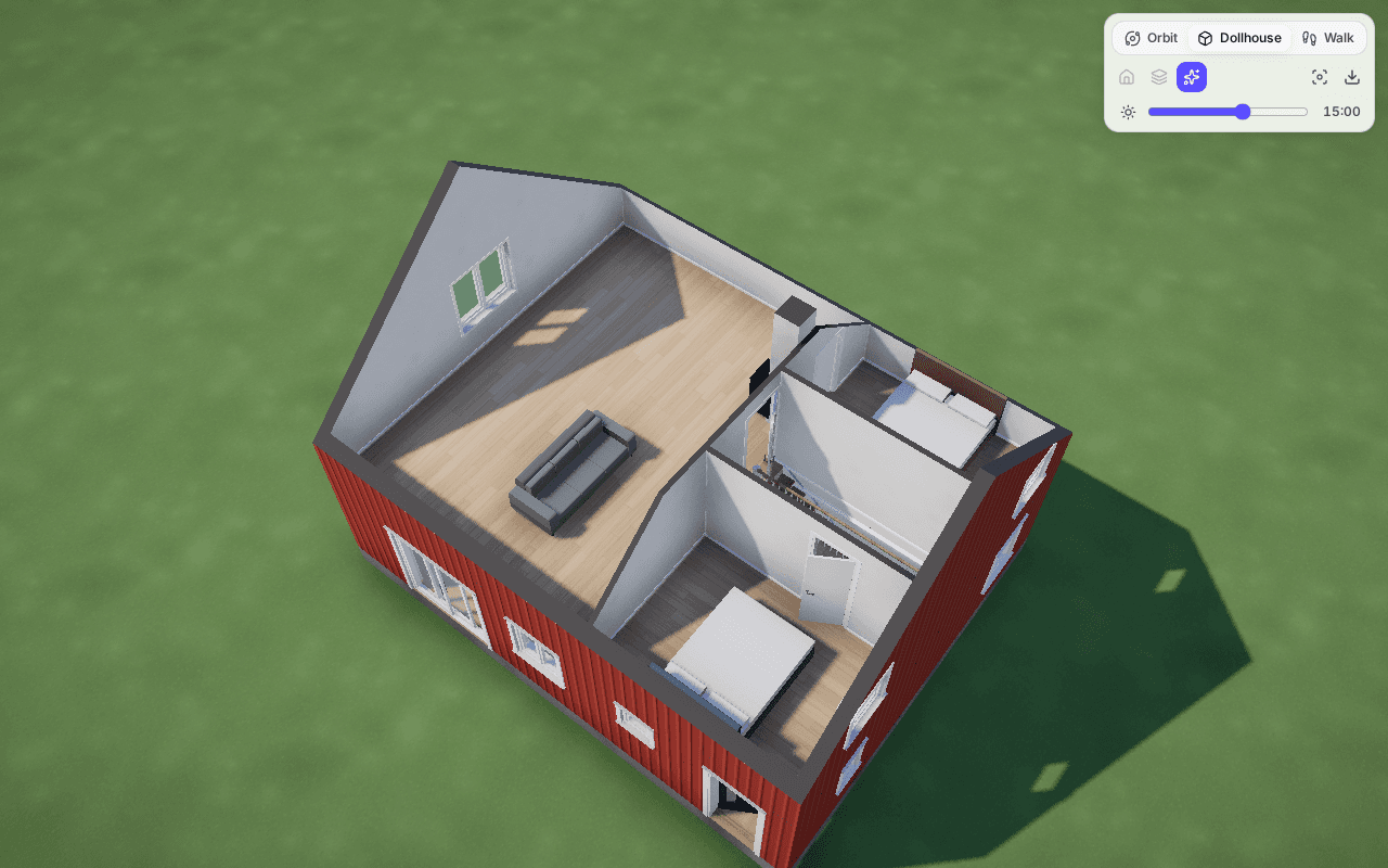 Loftet i 3D som dukkehus: rom under skråtaket med knevegger, møbler og sol som faller inn.