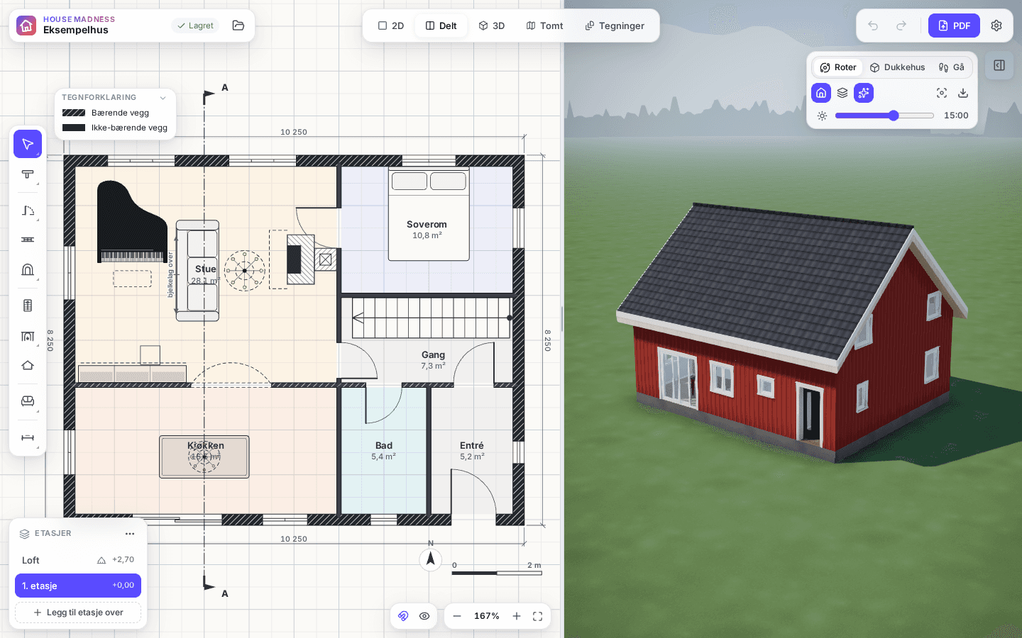 Plantegningen av et hus til venstre og den samme modellen i 3D til høyre: stue med flygel, kjøkken, soverom, bad, gang og trapp.